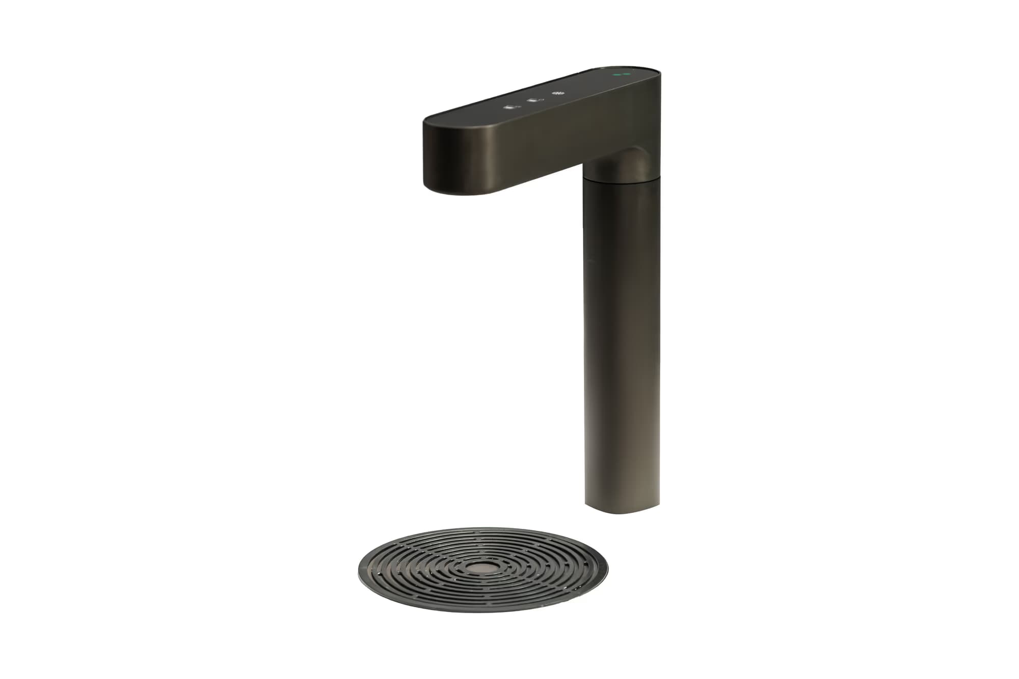 The Boon Purify Tap Pro P2: a gunmetal tap with three touch buttons on its glass top, over a drip tray
