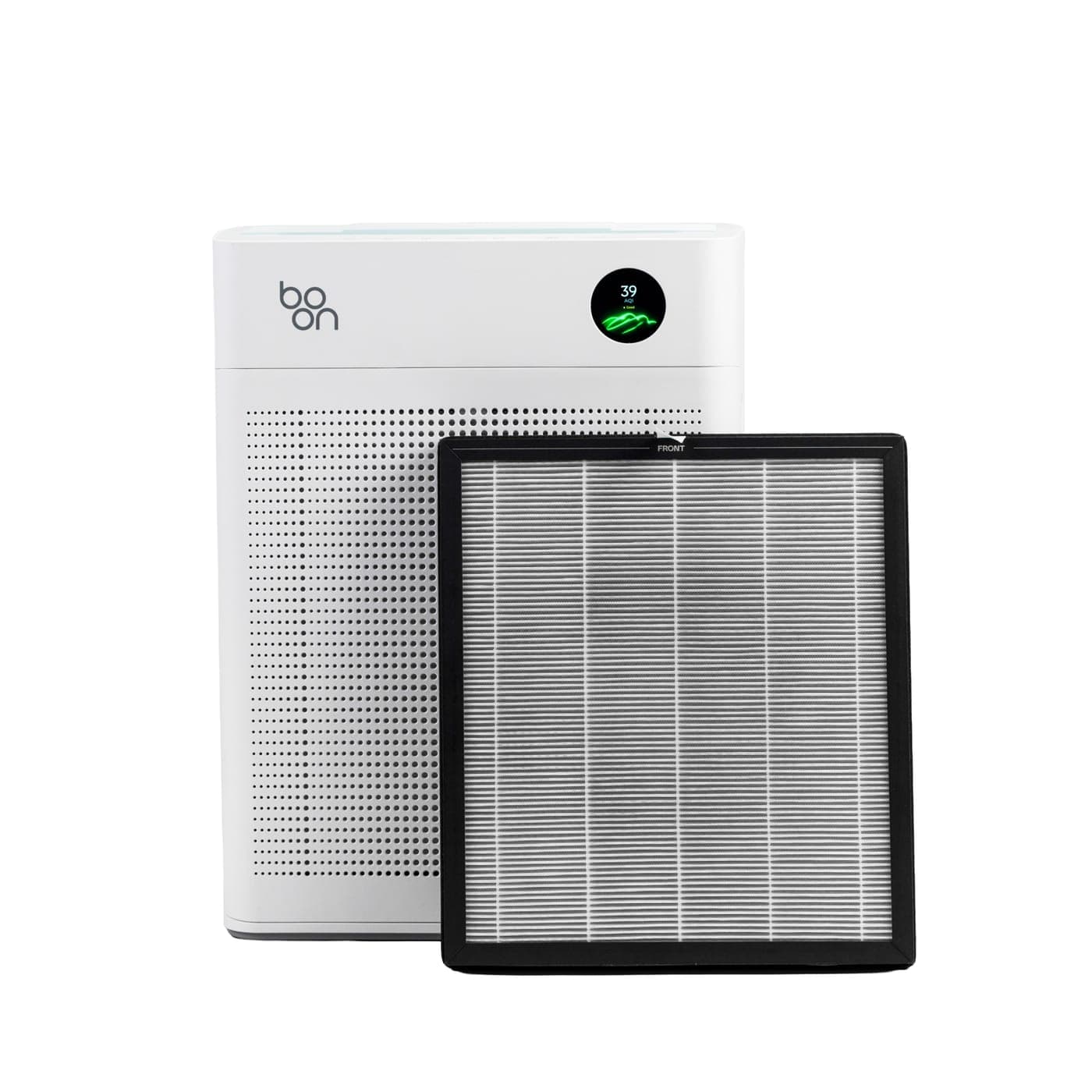 Boon Airvana™ with one of its two H13 HEPA filters standing beside it, pleats facing out