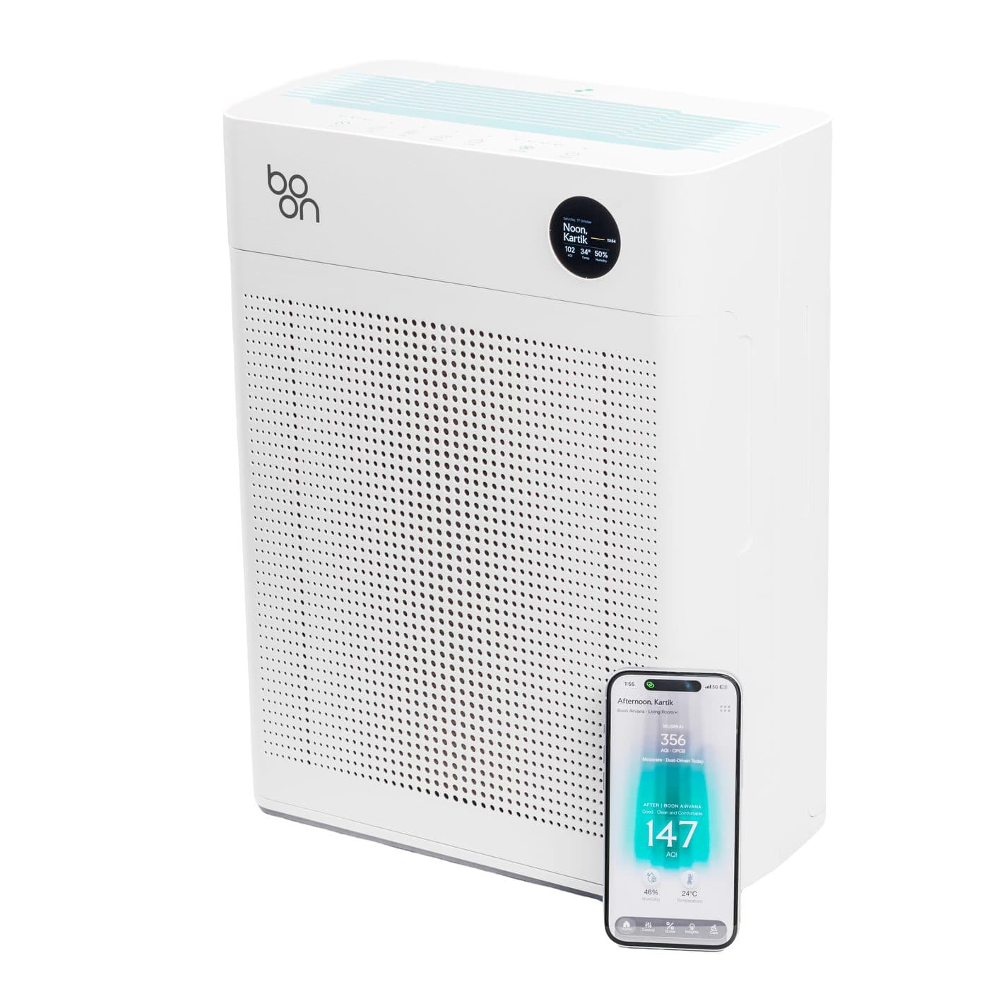 Boon Airvana™ air purifier with the Boon app open on a phone beside it