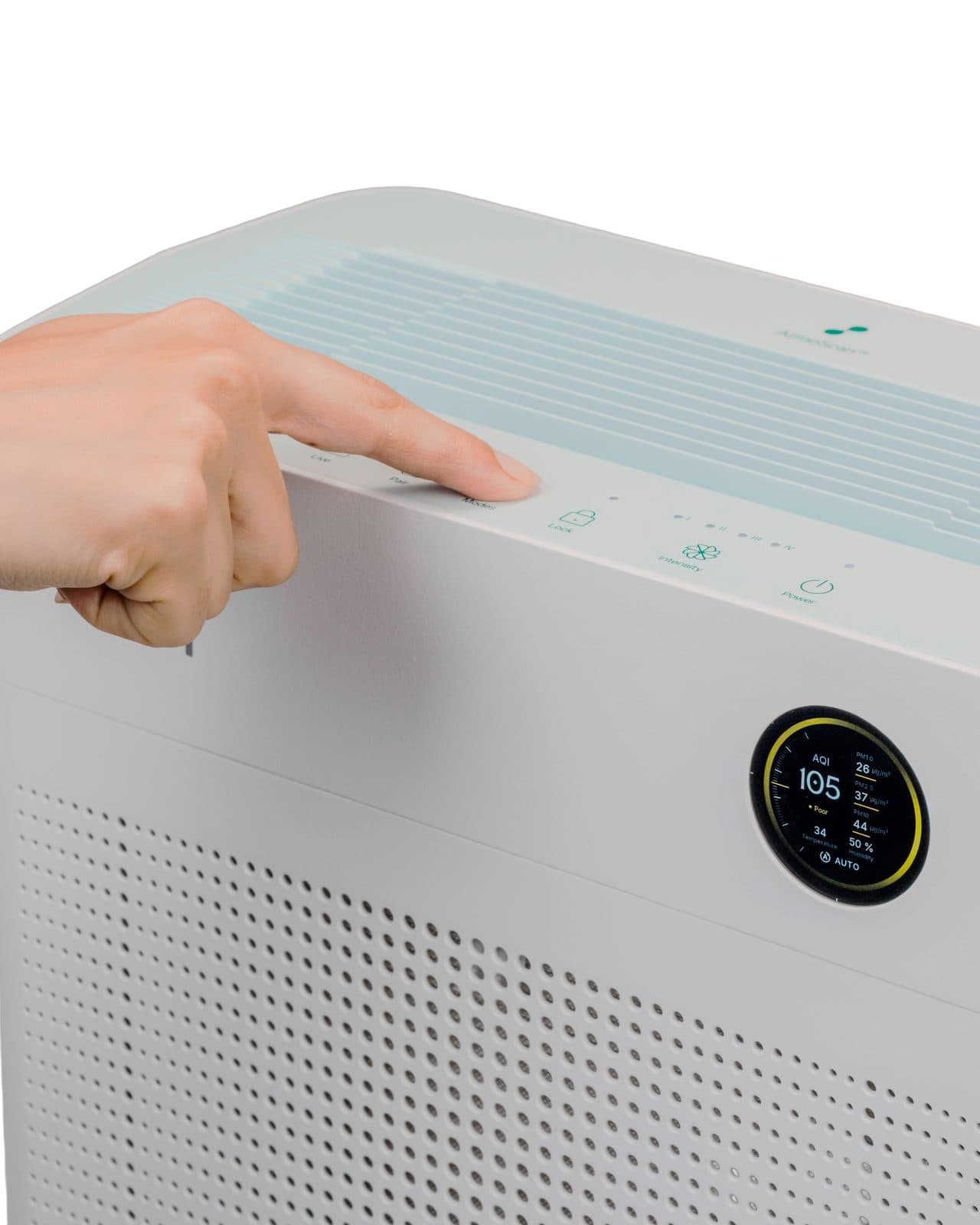 A finger pressing the touch controls on top of Boon Airvana™, beside its round display