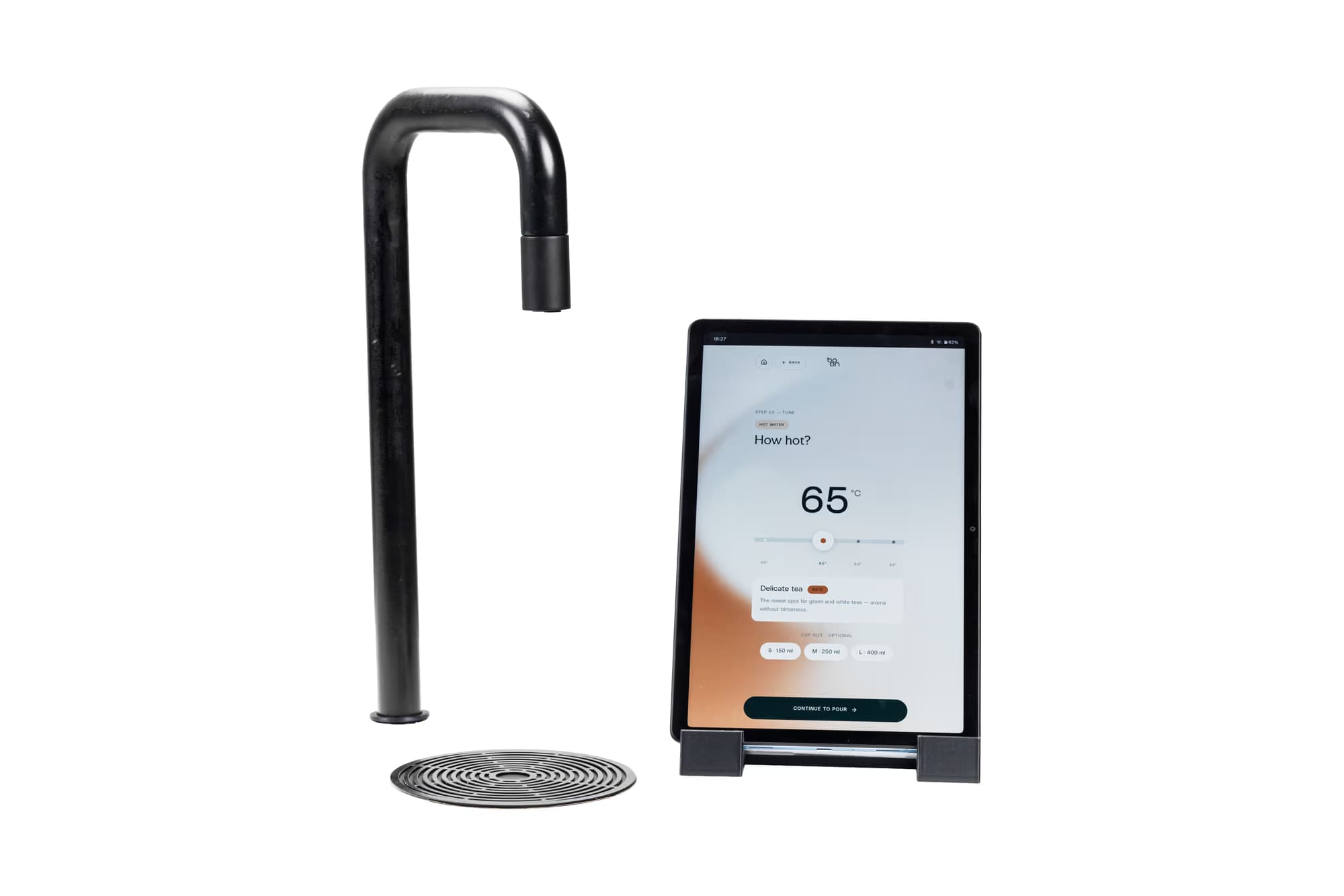 The Boon Purify Tap Pro P3: a black gooseneck tap beside its tablet display asking how hot the water should be