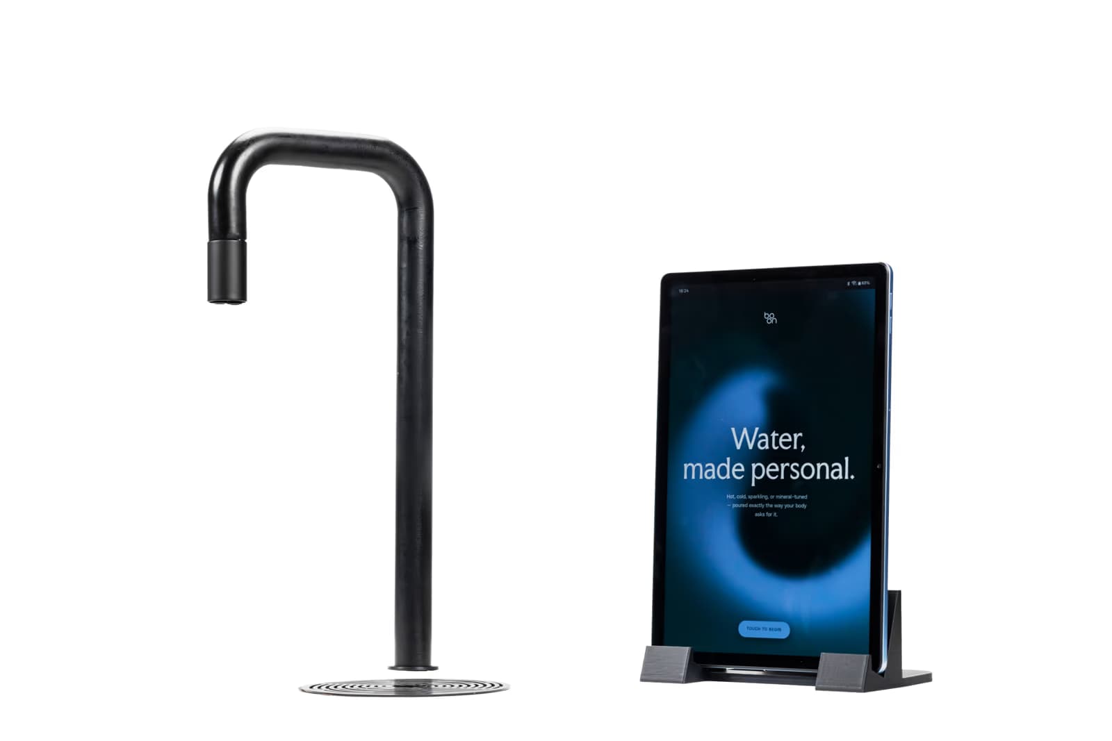 The Boon Purify Tap Pro P3 tap and its tablet display reading Water, made personal