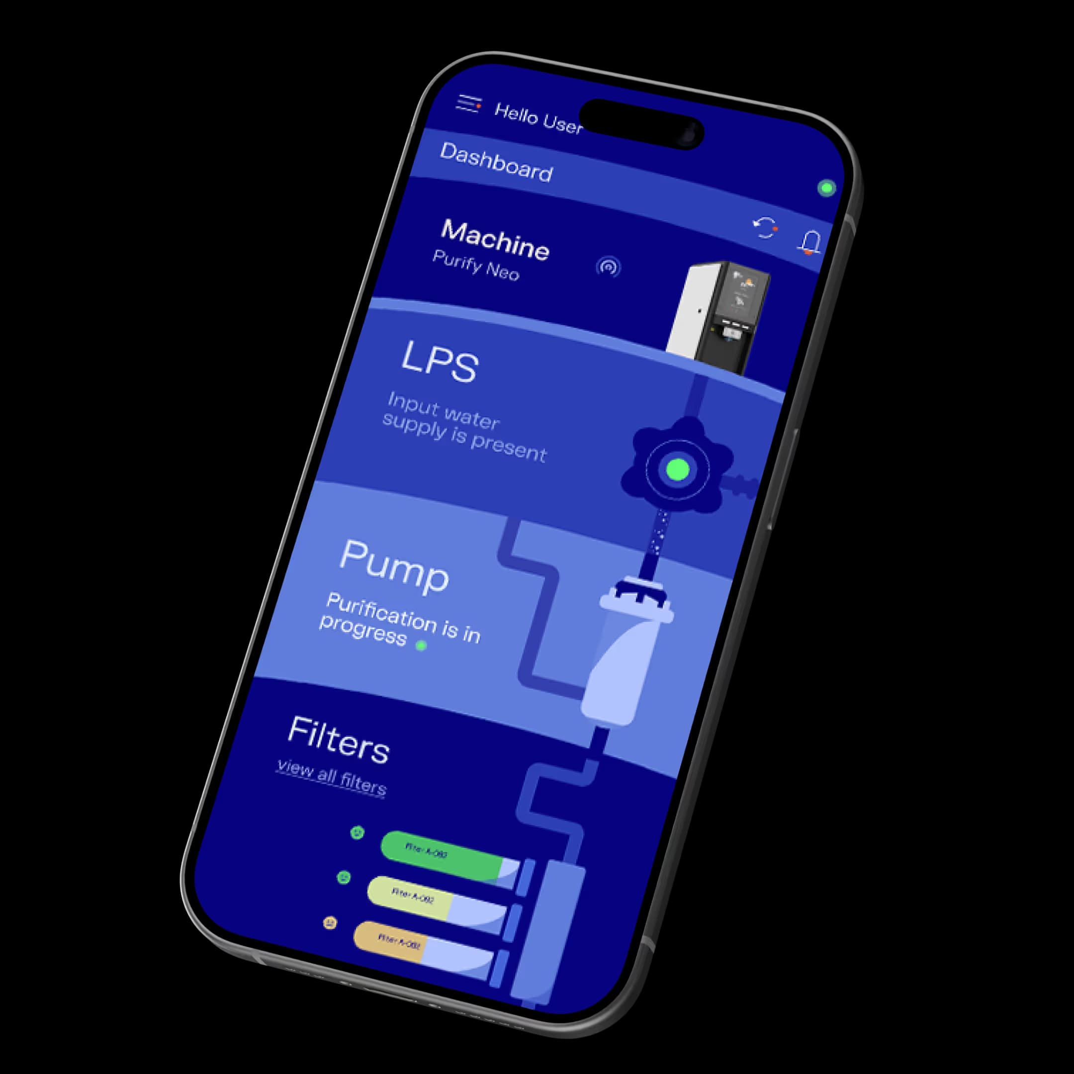 WaterAI app screens showing live purifier telemetry and controls