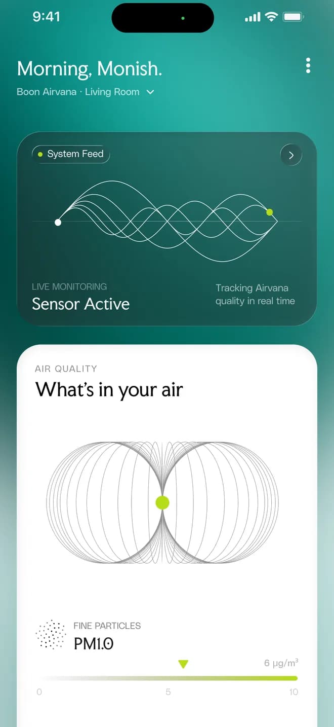 Boon app 'What's in your air' screen: live sensor feed above PM1.0, PM2.5 and PM10 readings on their own scales