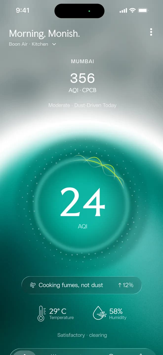 Boon app home screen with a smart alert reading 'Cooking fumes, not dust', up 12%