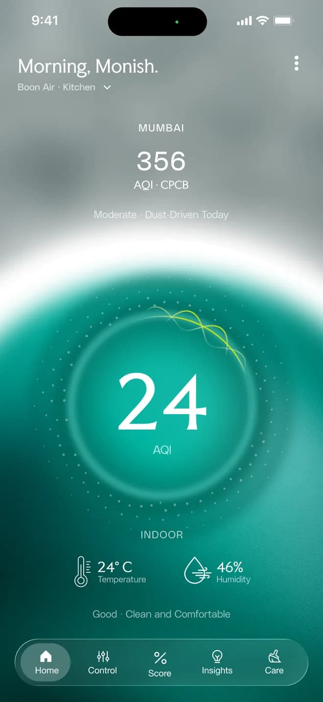 Boon app home screen: indoor AQI 24 in a glowing teal ring, the city's outdoor AQI of 356 above it, temperature and humidity below