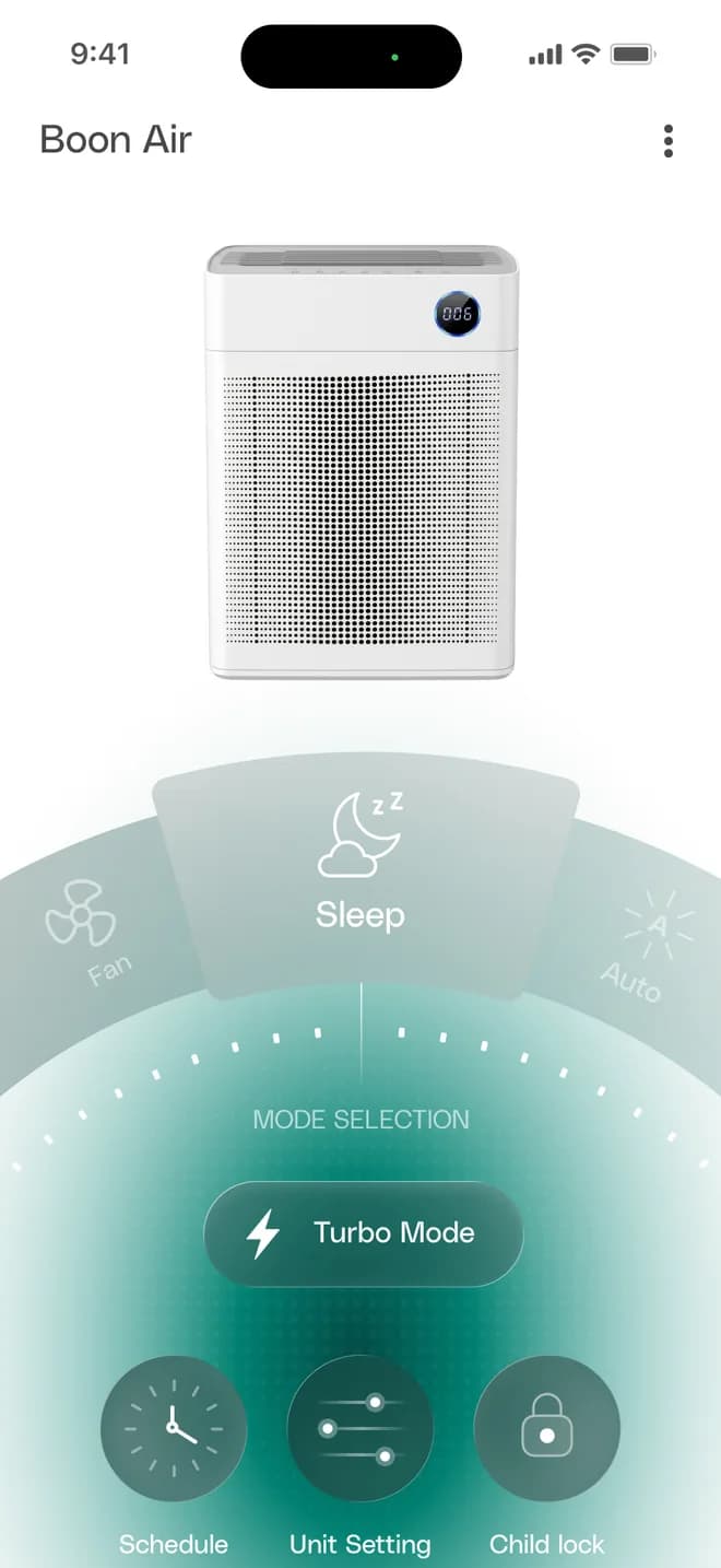 Boon app control screen: the Airvana™ above a mode dial set to Sleep, with Turbo Mode, Schedule, Unit Setting and Child lock