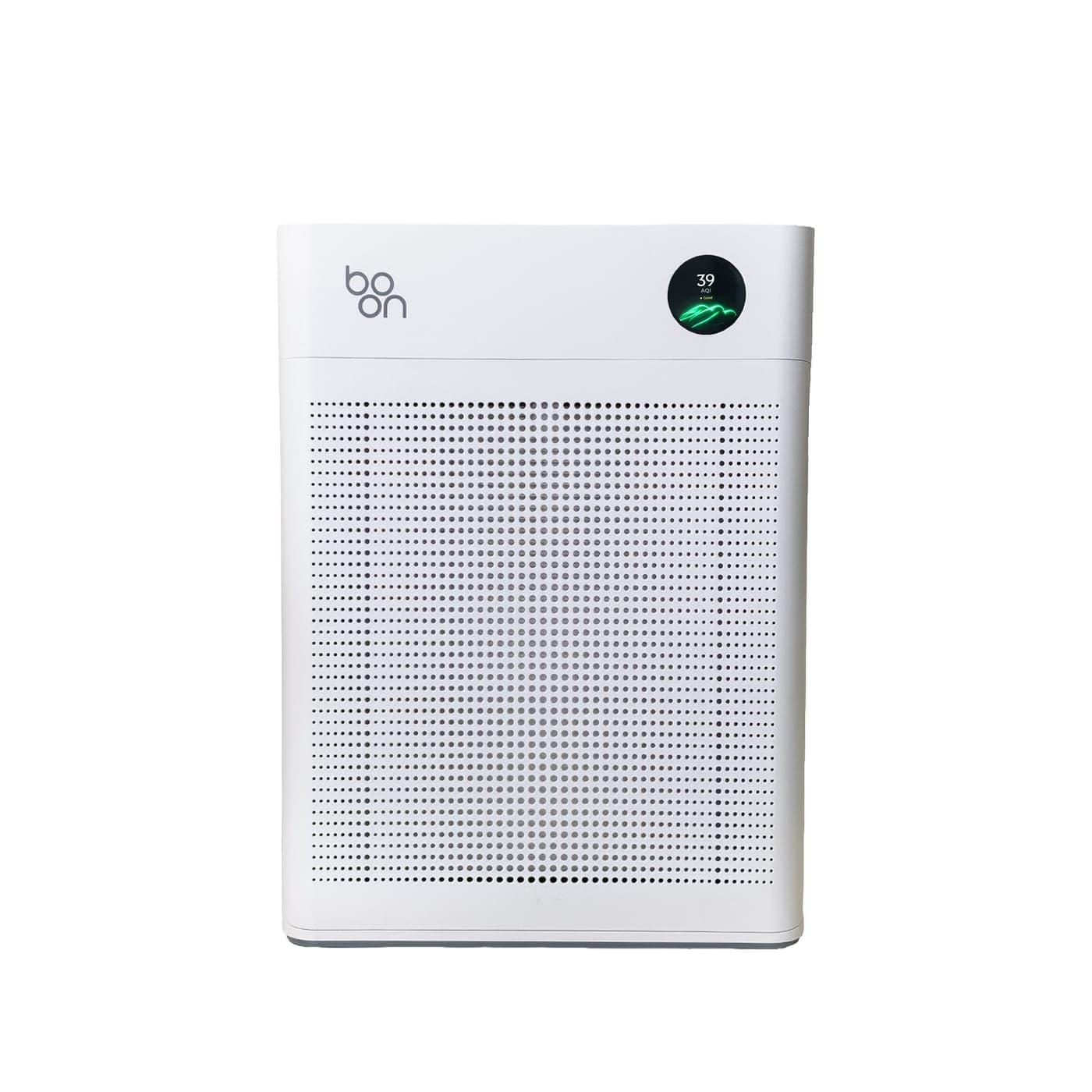 Boon Airvana™ air purifier, front view, with its round display showing AQI 39