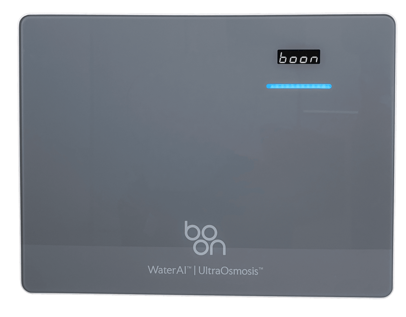 Boon Tap purification unit: grey glass front with the boon digit display and blue LED alert bar